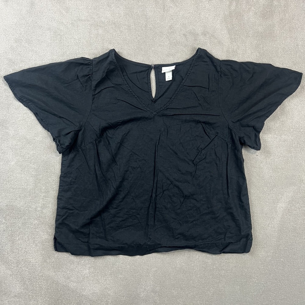 Ava & Viv Blouse Size X Womens Black Linen Blend Flutter Sleeve V-Neck Top